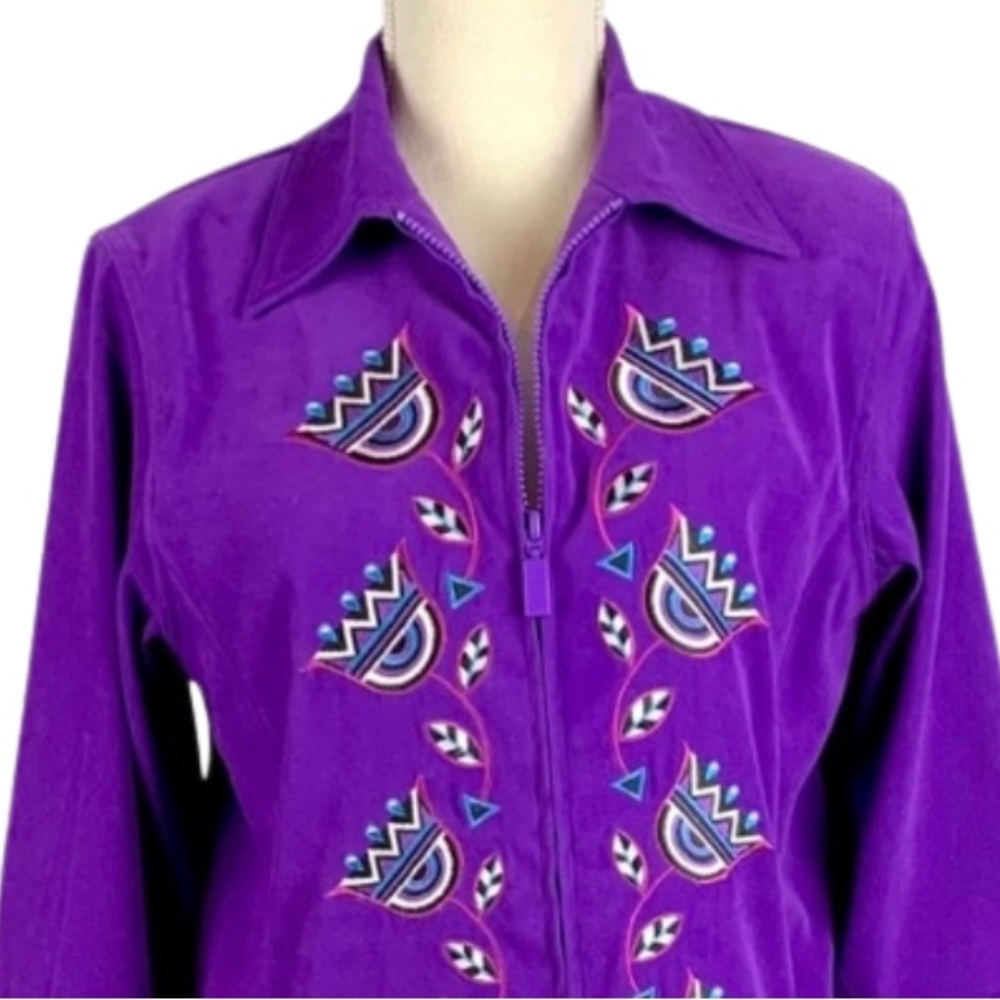Vintage Bob Mackie Purple Embroidered Suede Wearable Art Shacket Jacket X-Small - Picture 3 of 15